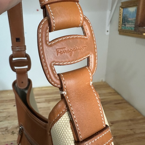 Salvatore Ferragamo Tan Italian Leather & Ivory Cream Canvas Shoulder Bag - Picture 3 of 11